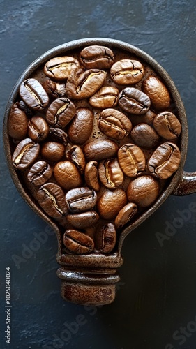 a creative arrangement of coffee beans in the shape of a light bulb.This visual represents a clever fusion of ideas, linking coffee with creativity or energy. photo