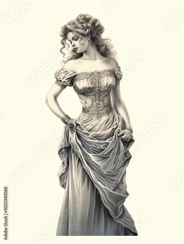 A Penciled Portrait of a Woman in a Flowing Gown