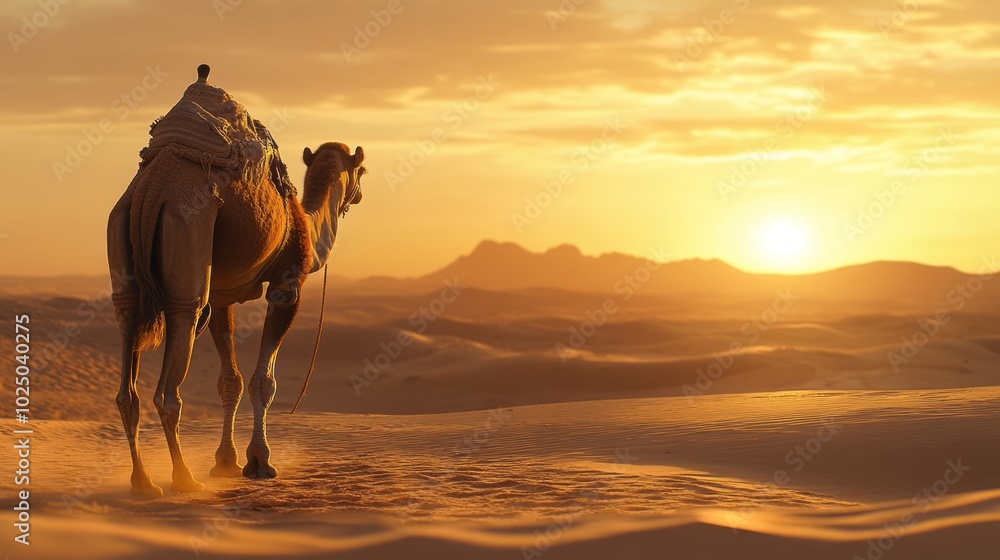 Camel Trekking Through Golden Desert Dunes