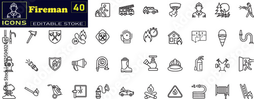 Firefighter icon set. Containing fireman, fire truck, hose, fire station, house fire icons .