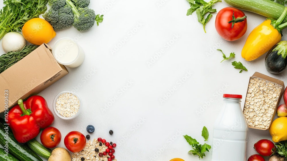 Supermarket items such as cereal boxes, fresh vegetables, and beverages arranged on a plain white background, perfect for food and shopping themes. Supermarket items such as cereal boxes, fresh vegetables, and beverages arranged on a plain white background, perfect for food and shopping themes.