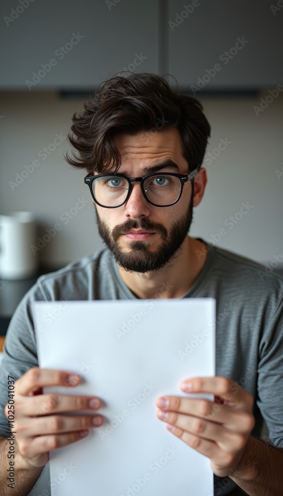 Young Caucasian male with glasses holding blank paper, looking contemplative in a neutral setting. Young Caucasian male with glasses holding blank paper, looking contemplative in a neutral setting.