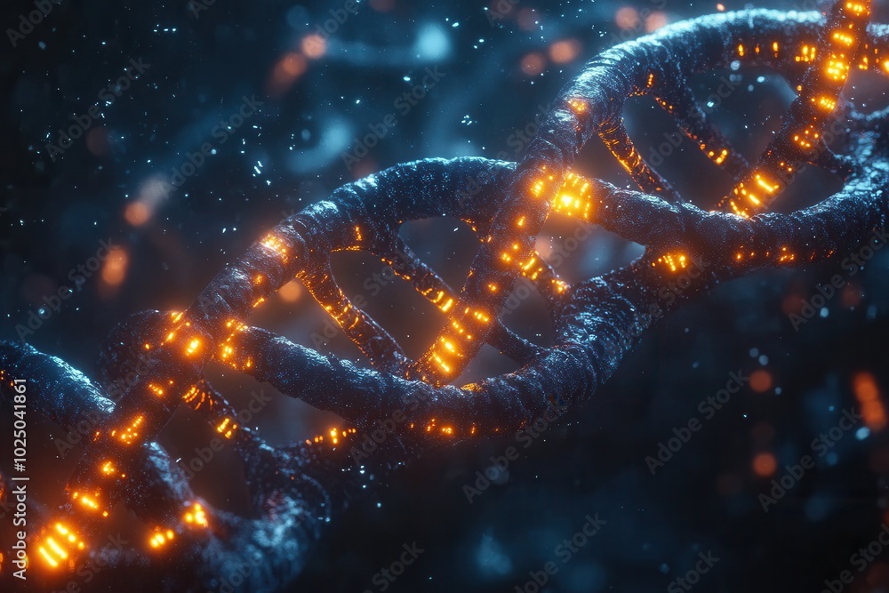 Close-up view of glowing DNA strands, showcasing biological science and genetic engineering in a futuristic, digital style. Close-up view of glowing DNA strands, showcasing biological science and genetic engineering in a futuristic, digital style.