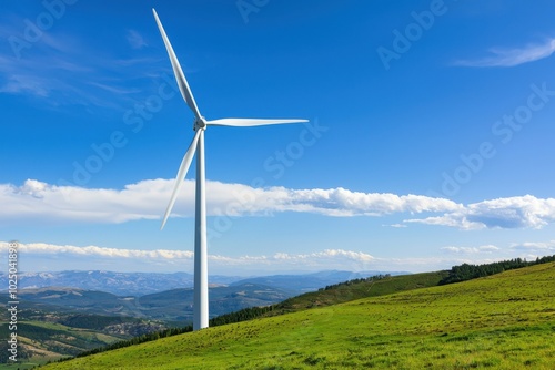 Wind turbine on green hill under blue sky, promoting renewable energy and sustainability.