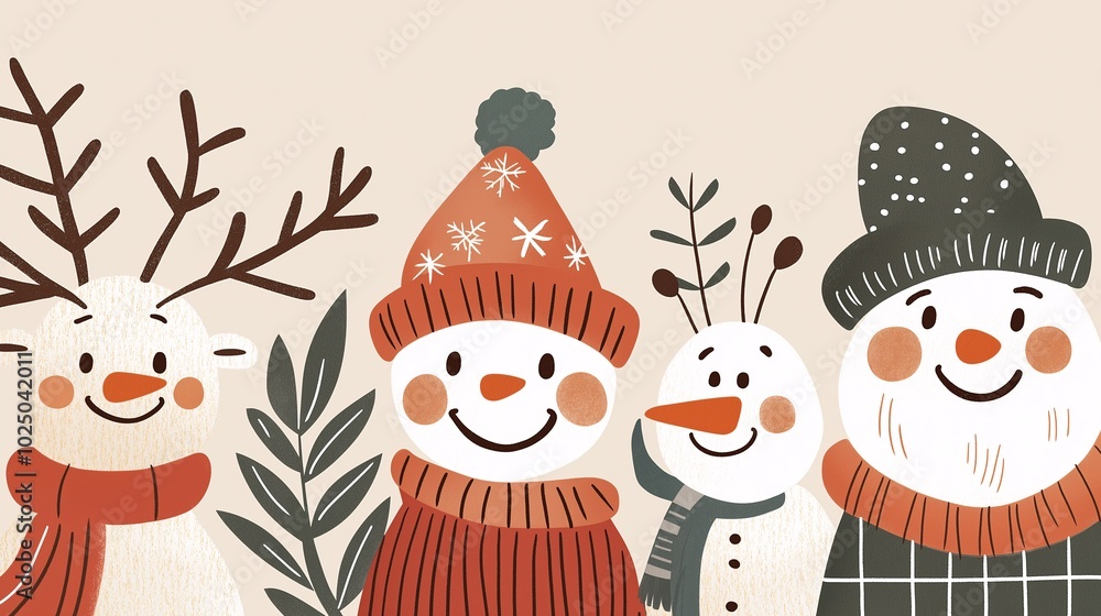 Cheerful Winter Characters with Snowmen and Reindeer Cheerful Winter Characters with Snowmen and Reindeer
