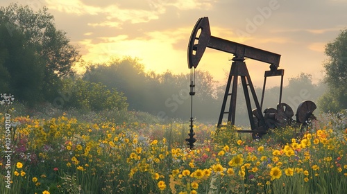A vintage oil pump jack in a rural area, surrounded by wildflowers and old machinery