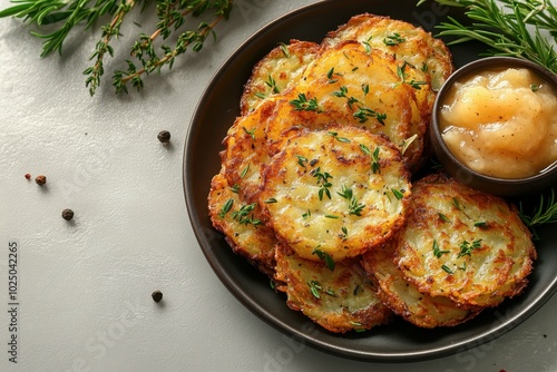 Crispy potato latkes served with applesauce, placed on the right side of a clean white table, professional overhead shot. photo