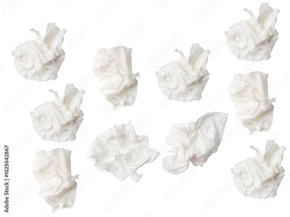 Top view set of screwed or crumpled white tissue paper ball isolated with clipping path in png file format Top view set of screwed or crumpled white tissue paper ball isolated with clipping path in png file format
