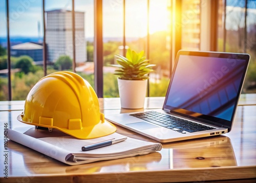 Architectural blueprints, hardhat, and laptop on office desk showcasing technology, workspace, and design planning