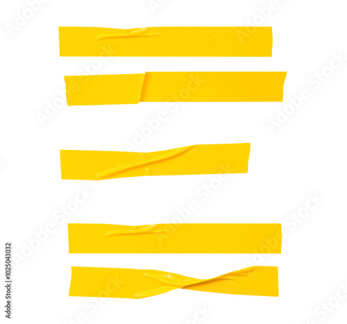 Top view set of wrinkled or crumpled yellow adhesive vinyl tape or cloth tape in stripes shape isolated on white background with clipping path