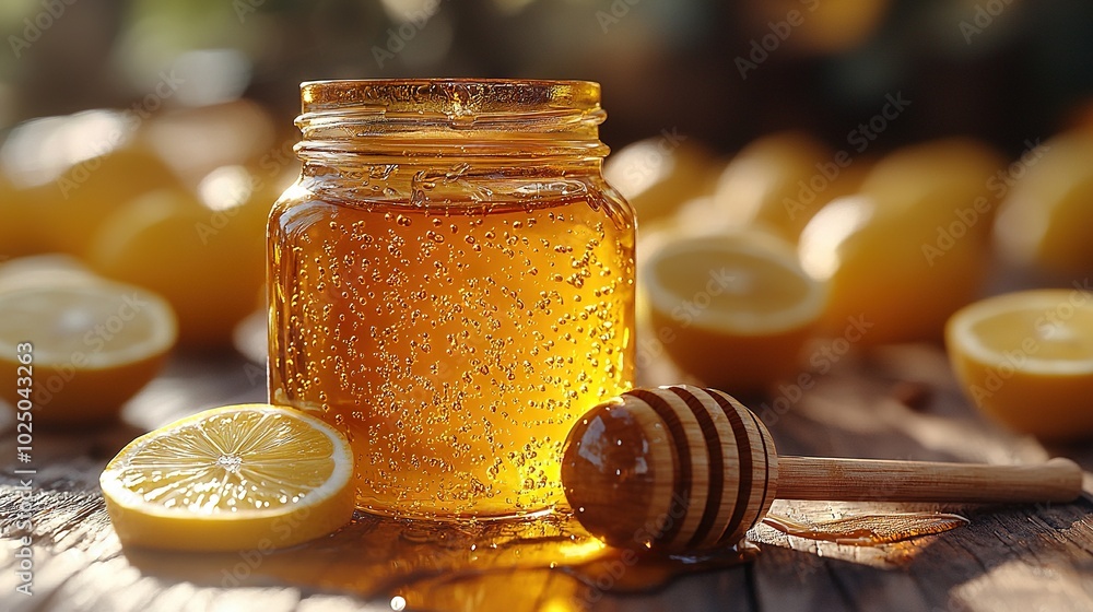 A jar of honey sits on a table with a honey dipper and a lemon slice nearby A jar of honey sits on a table with a honey dipper and a lemon slice nearby