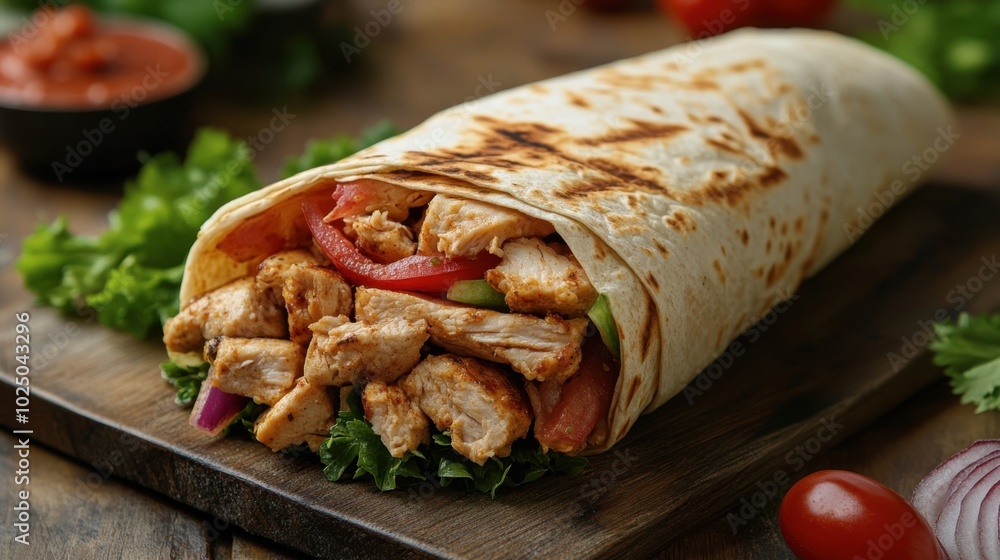 A flavorful wrap filled with grilled chicken and fresh vegetables on a rustic wooden table A flavorful wrap filled with grilled chicken and fresh vegetables on a rustic wooden table