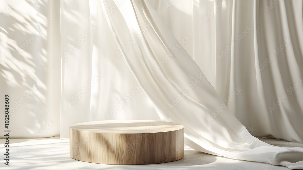 4. A stylish 3D composition of an empty round wooden podium side table set against a backdrop of soft white drapery blowing in the breeze, capturing sunlight to create a chic setting for skincare and 4. A stylish 3D composition of an empty round wooden podium side table set against a backdrop of soft white drapery blowing in the breeze, capturing sunlight to create a chic setting for skincare and