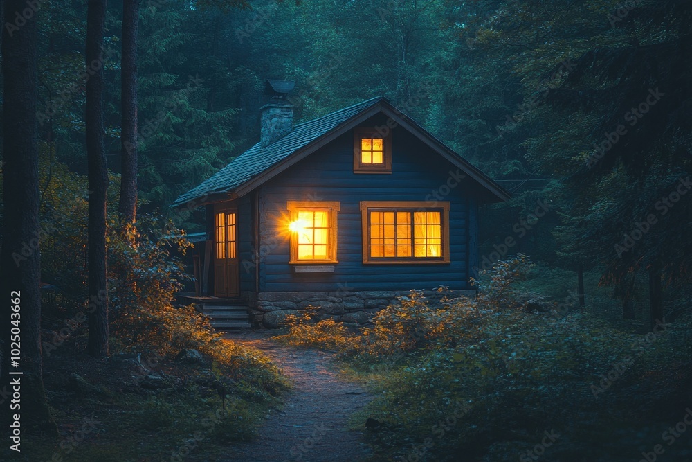 Cozy wooden cabin glowing in the forest at twilight Cozy wooden cabin glowing in the forest at twilight