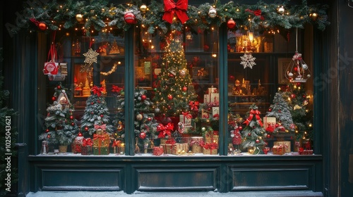 Shop window decorated with Christmas attributes. AI generated illustration.