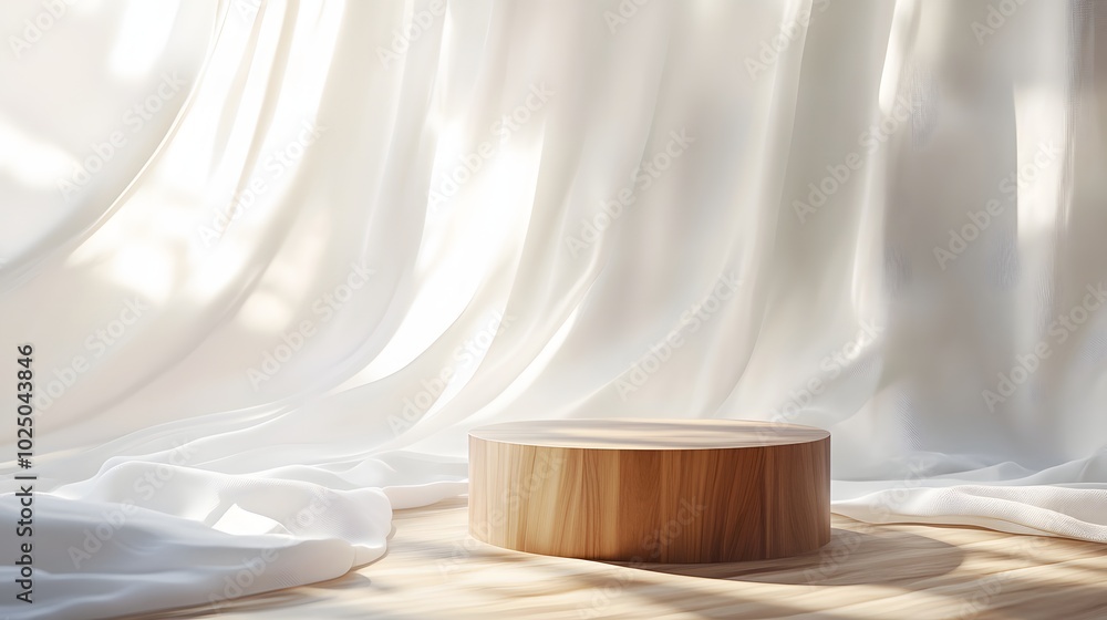 4. A stylish 3D composition of an empty round wooden podium side table set against a backdrop of soft white drapery blowing in the breeze, capturing sunlight to create a chic setting for skincare and 4. A stylish 3D composition of an empty round wooden podium side table set against a backdrop of soft white drapery blowing in the breeze, capturing sunlight to create a chic setting for skincare and