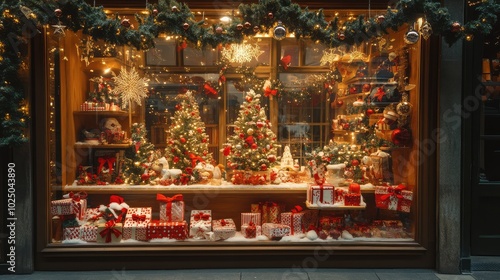 Shop window decorated with Christmas attributes, festive ornaments, holiday lights, and seasonal decorations creating a cheerful retail display. AI generated illustration.