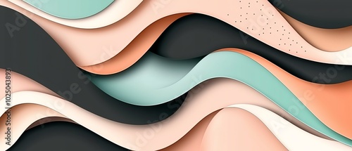 A colorful, abstract design featuring smooth waves and layered textures in soft hues of peach, mint, and black.