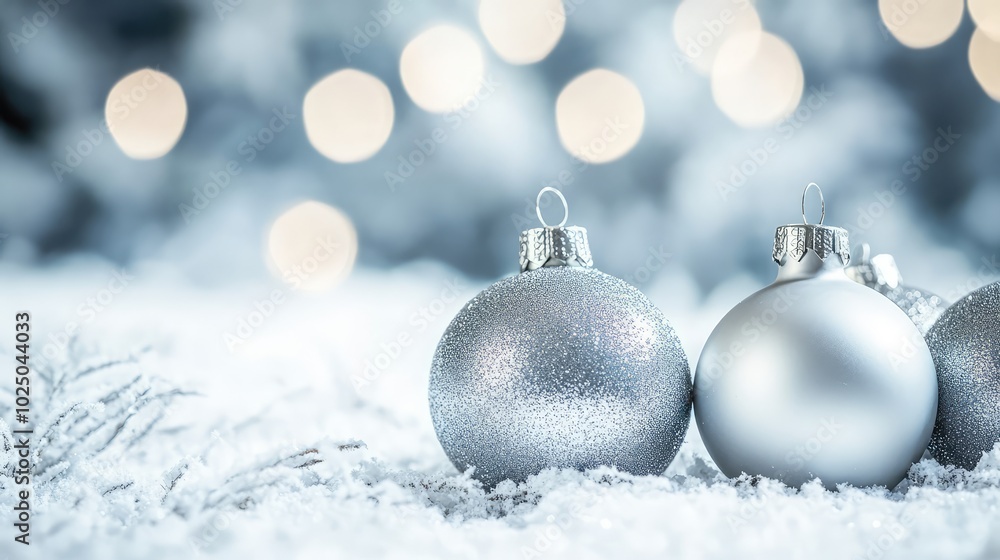 Silver Christmas ornaments on snowy background. AI generated illustration. Silver Christmas ornaments on snowy background. AI generated illustration.