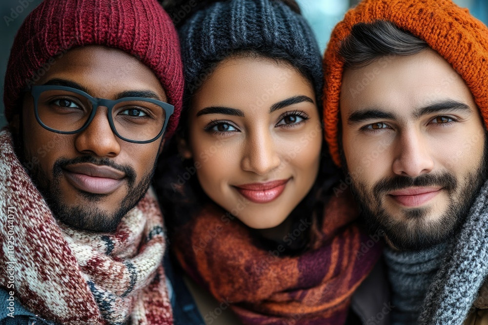 Three friends smiling close up wearing winter clothes Three friends smiling close up wearing winter clothes