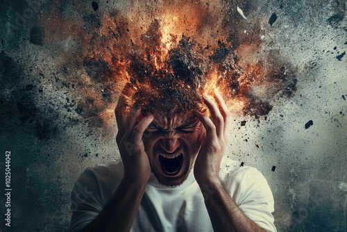 Man suffering from severe headache with exploding head photo