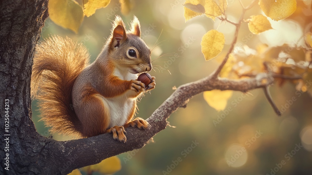 Cute Squirrel Holding Acorn on Tree Branch Cute Squirrel Holding Acorn on Tree Branch