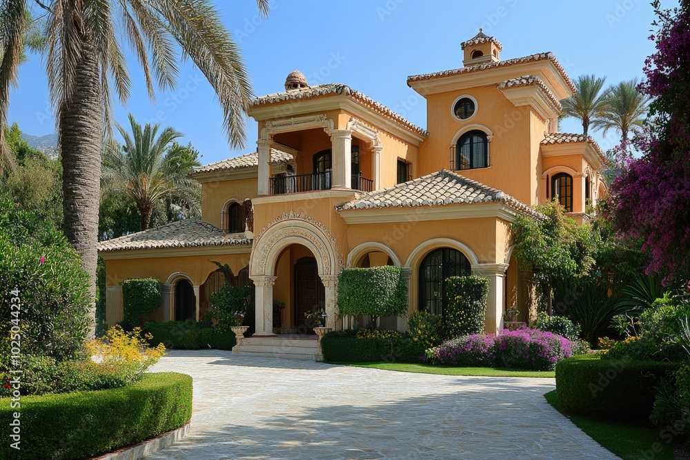 Beautiful mediterranean style luxury villa with palm trees is bathing in sunlight Beautiful mediterranean style luxury villa with palm trees is bathing in sunlight