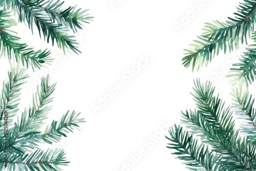 Watercolor christmas border featuring lush green pine branches