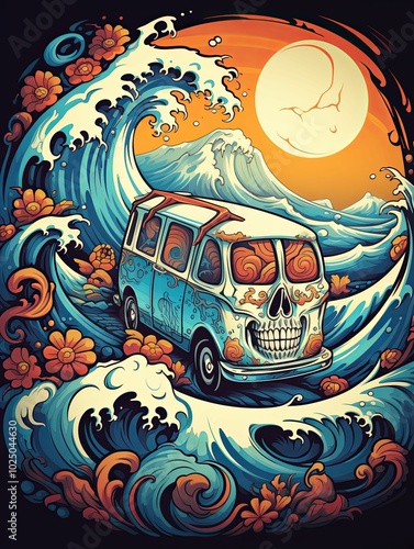 A Skull-Painted Van Riding a Giant Wave with Floral Details photo