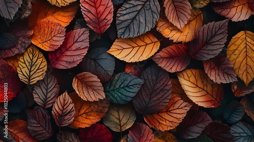 Bright autumn leaves scattered on the ground with colorful foliage in a natural fall setting