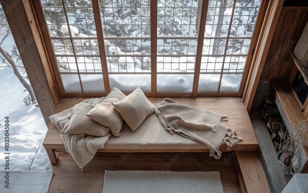 Overhead view of the living room layout, showing the wooden bench with beige pillows and blanket positioned perfectly in front of the panoramic grid window. Overhead view of the living room layout, showing the wooden bench with beige pillows and blanket positioned perfectly in front of the panoramic grid window.