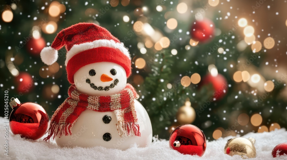 Snowman near the Christmas tree with festive attributes. AI generated illustration. Snowman near the Christmas tree with festive attributes. AI generated illustration.