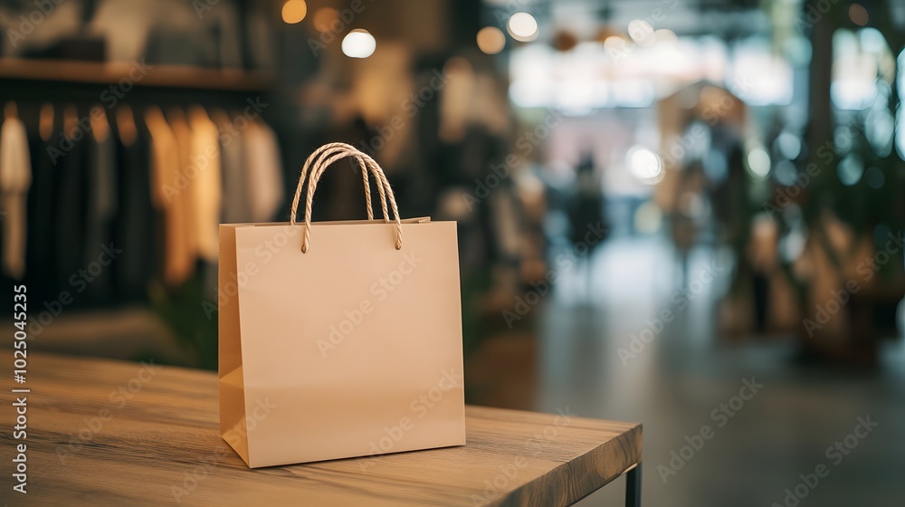 5. A minimalistic mockup of a recyclable wooden paper shopping bag displayed on a wooden surface in a clothing store, surrounded by a softly blurred background, perfect for adding promotional 5. A minimalistic mockup of a recyclable wooden paper shopping bag displayed on a wooden surface in a clothing store, surrounded by a softly blurred background, perfect for adding promotional