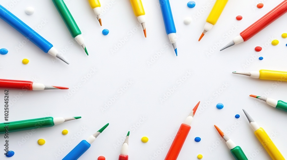 A cluster of various colored pencils arranged in a circular pattern on a white background, with confetti strewn about them A cluster of various colored pencils arranged in a circular pattern on a white background, with confetti strewn about them