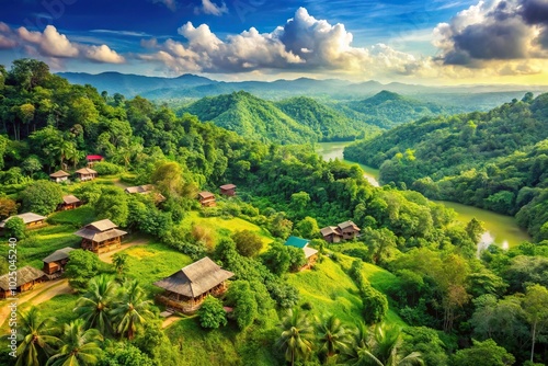 Wide-angle view of sustainable tourism with a green travel theme on a solid color background