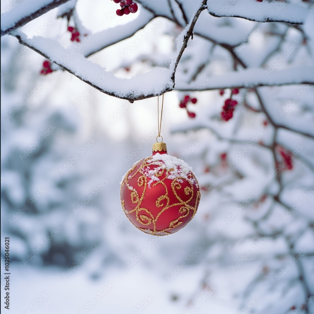 Festive Red Gold Christmas Ornament on Snowy Branch Festive Red Gold Christmas Ornament on Snowy Branch