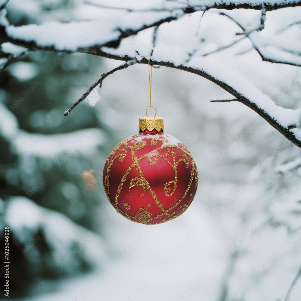 Sparkling Christmas Ornament on a Snowy Branch Sparkling Christmas Ornament on a Snowy Branch