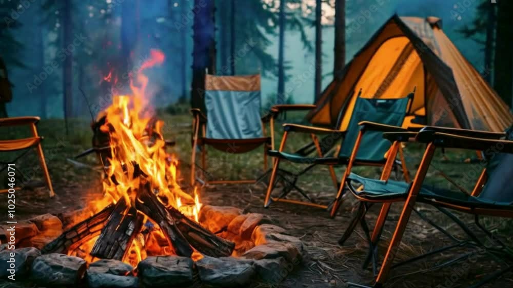 camp fire in the forest with chair and tent camp fire in the forest with chair and tent
