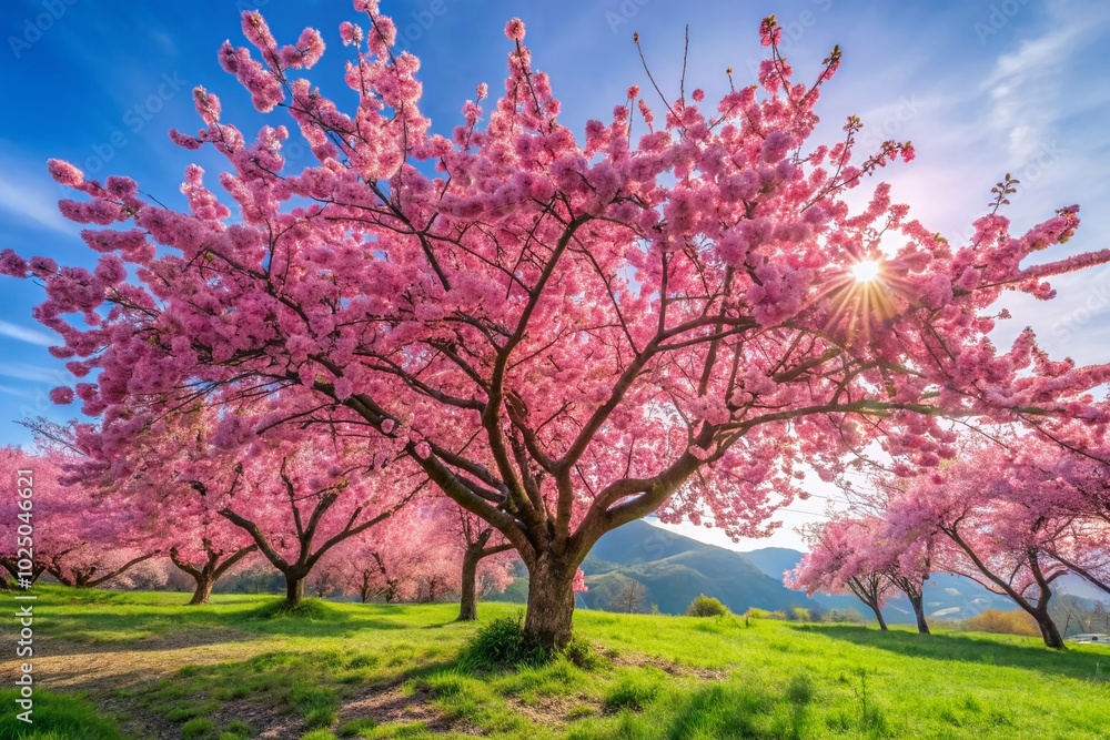 Beautiful Anime Cherry Tree in Bloom with Pink Blossoms and Serene Landscape for Nature and Fantasy Themes Beautiful Anime Cherry Tree in Bloom with Pink Blossoms and Serene Landscape for Nature and Fantasy Themes