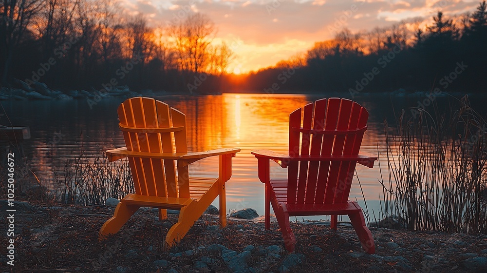 Red & Yellow Chairs by Water, Sunset Backdrop Red & Yellow Chairs by Water, Sunset Backdrop