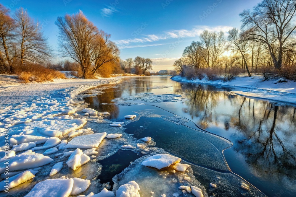 Winter landscape of river with broken ice Winter landscape of river with broken ice