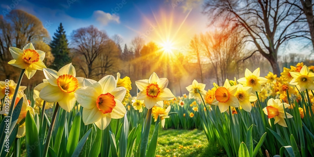 Obraz premium Beautiful Bright Daffodils Blooming in a Sunny Spring Garden Offering Joyful Nature Vibes