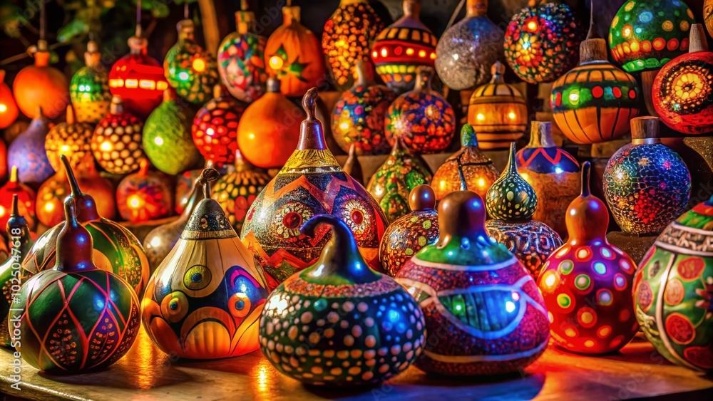 Fototapeta premium Beautiful Calabash Gourd Display - Natural Handcrafted Art for Home Decor, Crafts, and Cultural Significance in Various
