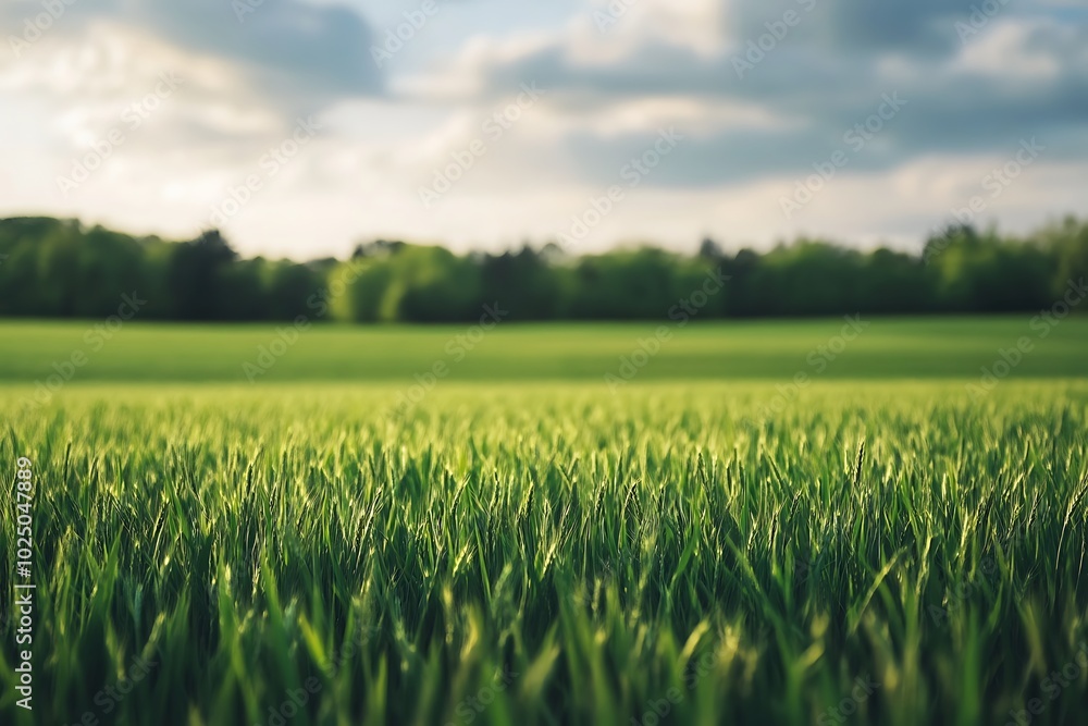 Fototapeta premium green grass field with sunburst light in the background