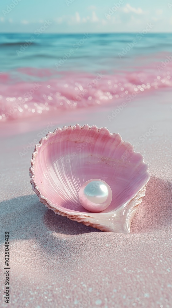 Delicate Pink Shell with Pearl on Sandy Shore
