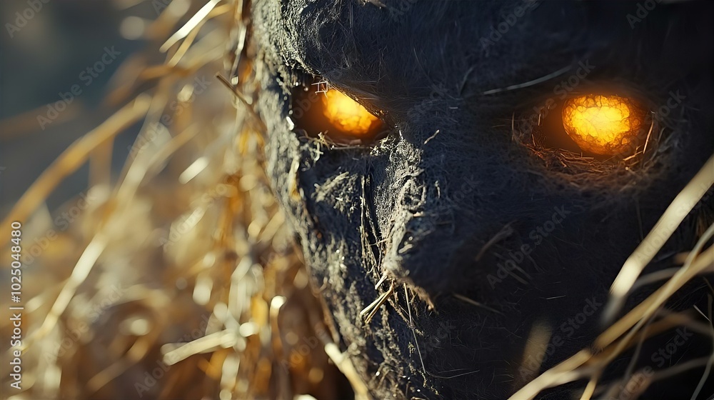 Spooky Halloween scene with a close-up of a nest in the grass surrounded by pumpkins and a black cat under the dark autumn night Spooky Halloween scene with a close-up of a nest in the grass surrounded by pumpkins and a black cat under the dark autumn night
