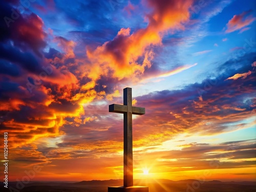 Beautiful church cross silhouette against a stunning sunset sky, symbolizing faith and spirituality in a serene setting