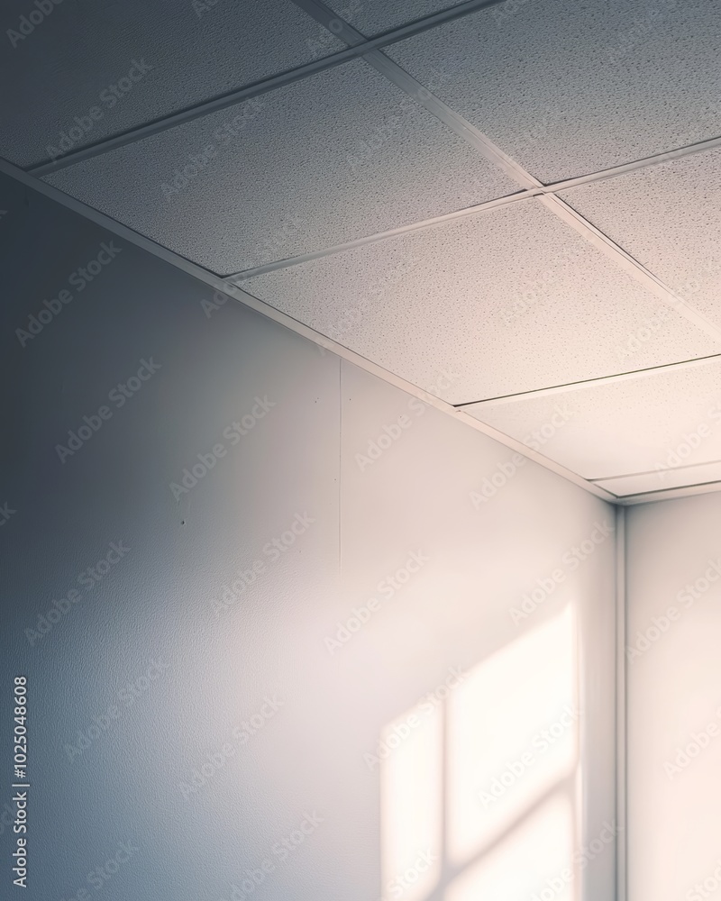Obraz premium 薄暗い部屋の隅で、自然光が当たる壁と天井の交差ポイントの様子