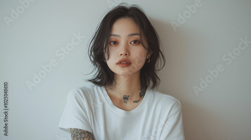 A detailed full-body portrait of a tattooed Chinese woman in a white t-shirt, with tattoos extending from her forearms up to her collarbone.  photo