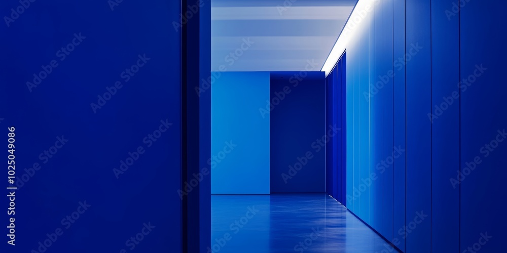 Obraz premium 淡い青色の壁に囲まれた静かな廊下が光で照らされている様子を示しています